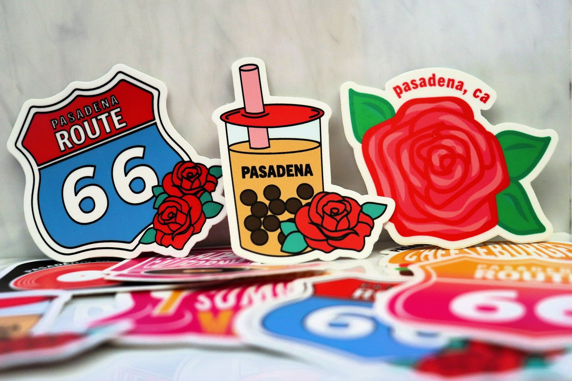 Various Pasadena themed stickers available for purchase